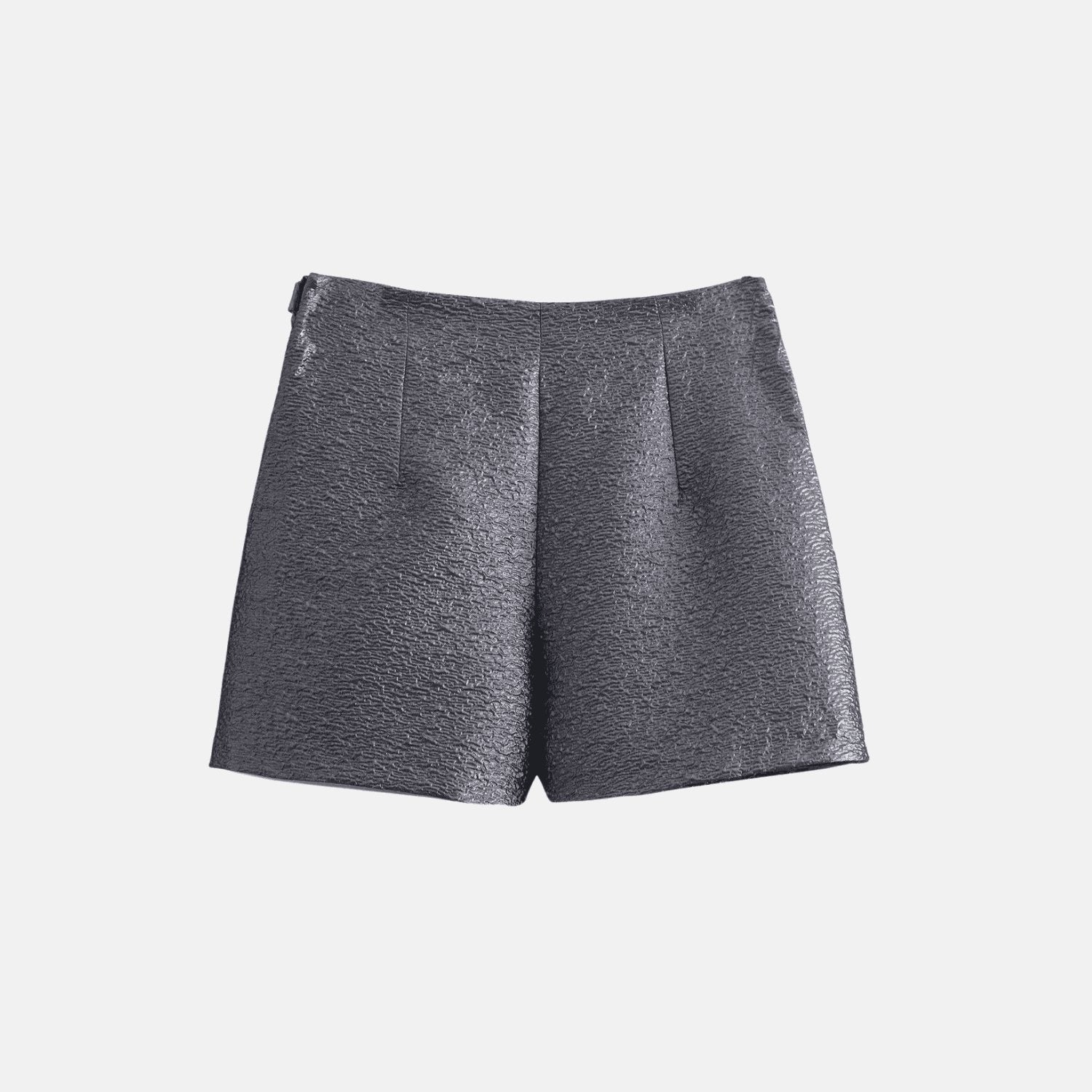 High-Waist-Shortsrock mit metallischer Textur und Knotendetail
