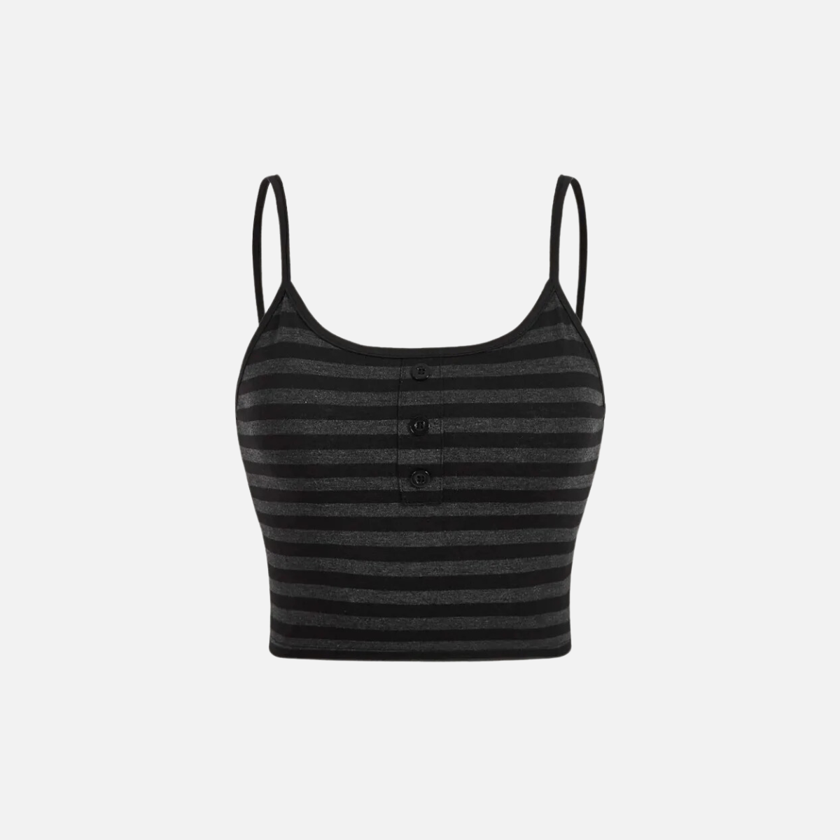 Gestreiftes Tanktop in Grau und Schwarz mit dünnen Trägern und Knopfverschluss am Bustier