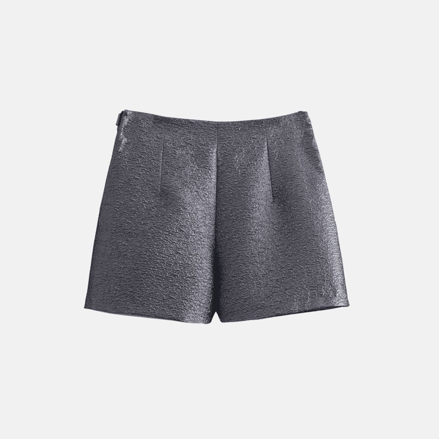 High-Waist-Shortsrock mit metallischer Textur und Knotendetail