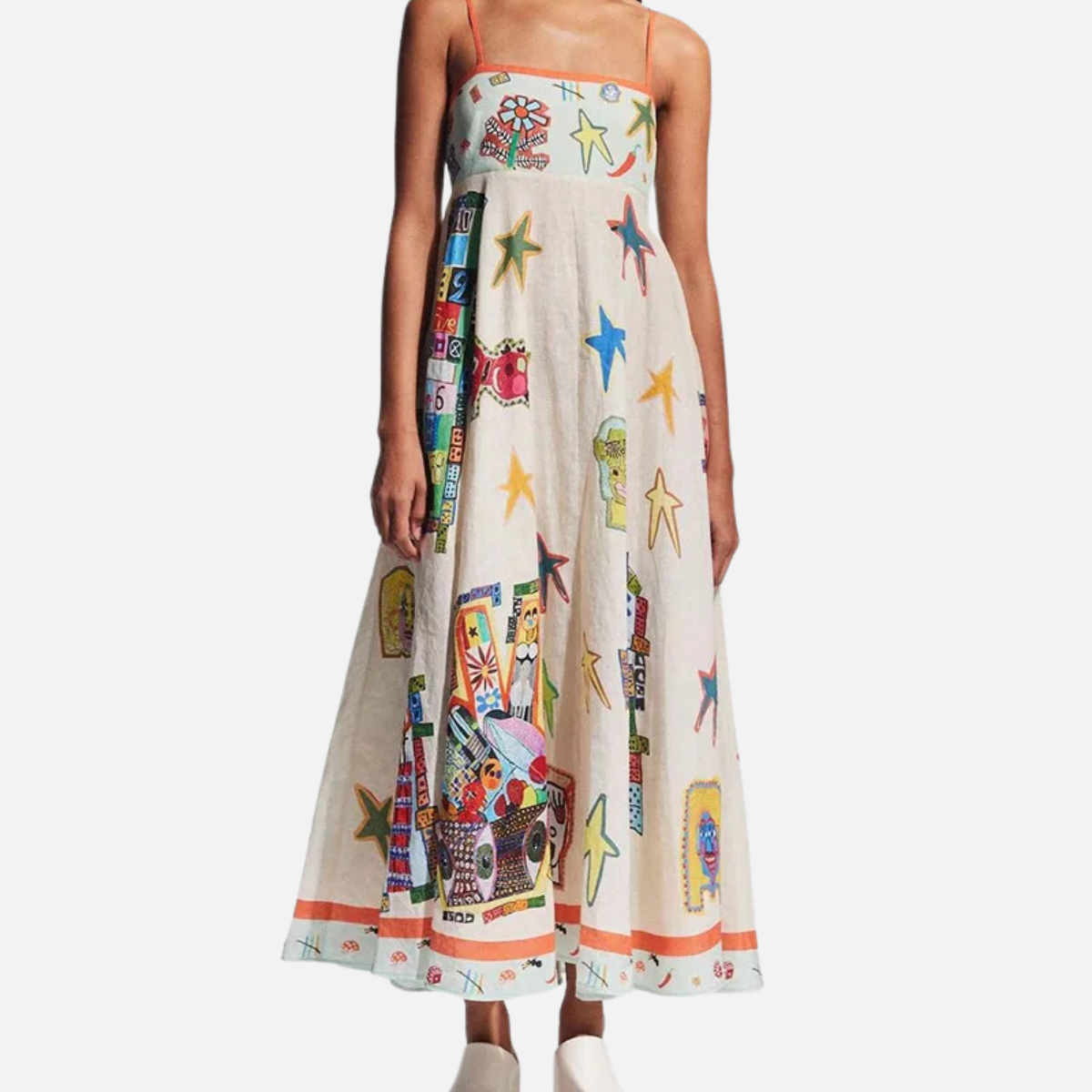 Midi-Kleid aus Leinen mit dünnen Trägern und Print