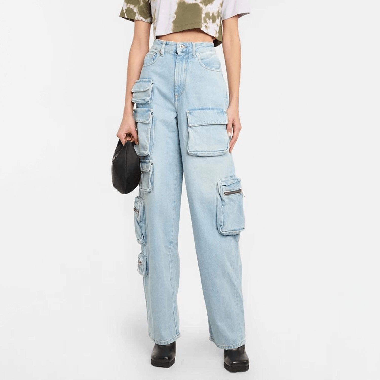 High-Waist-Cargo-Jeans mit funktionalen Taschen