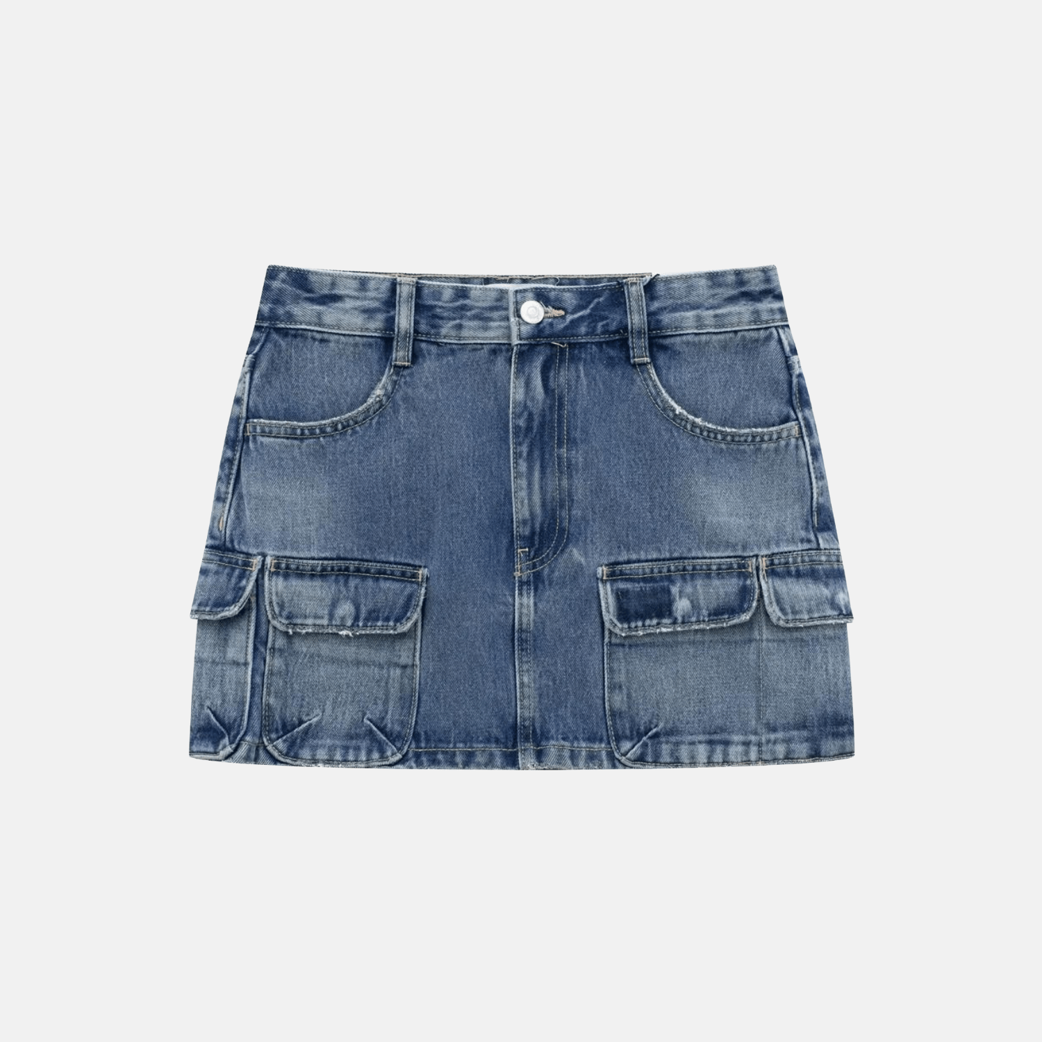 Kurzer High-Waist-Rock aus Denim mit Taschen und Ziernähten