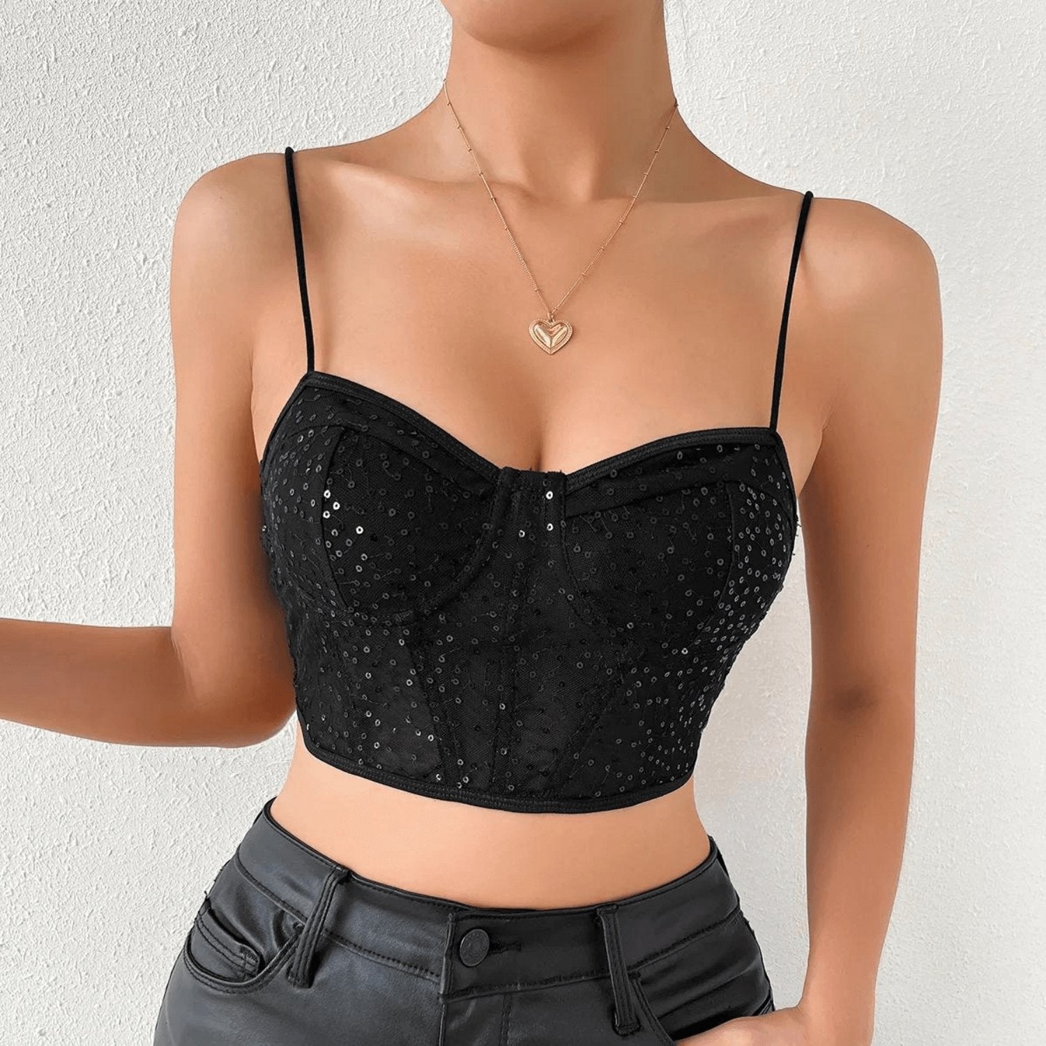 Cropped-Top mit Pailletten und transparentem Stoff