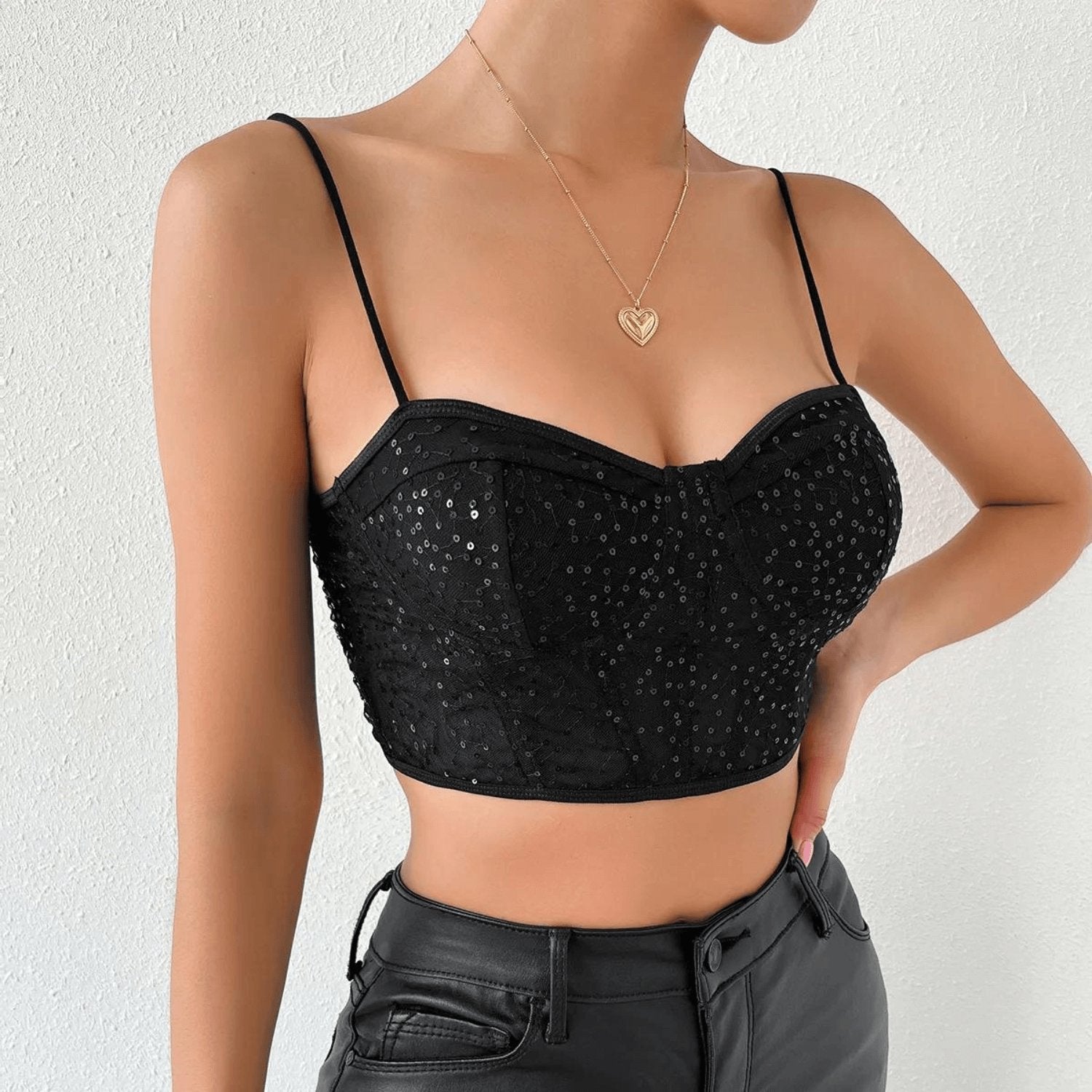 Cropped-Top mit Pailletten und transparentem Stoff