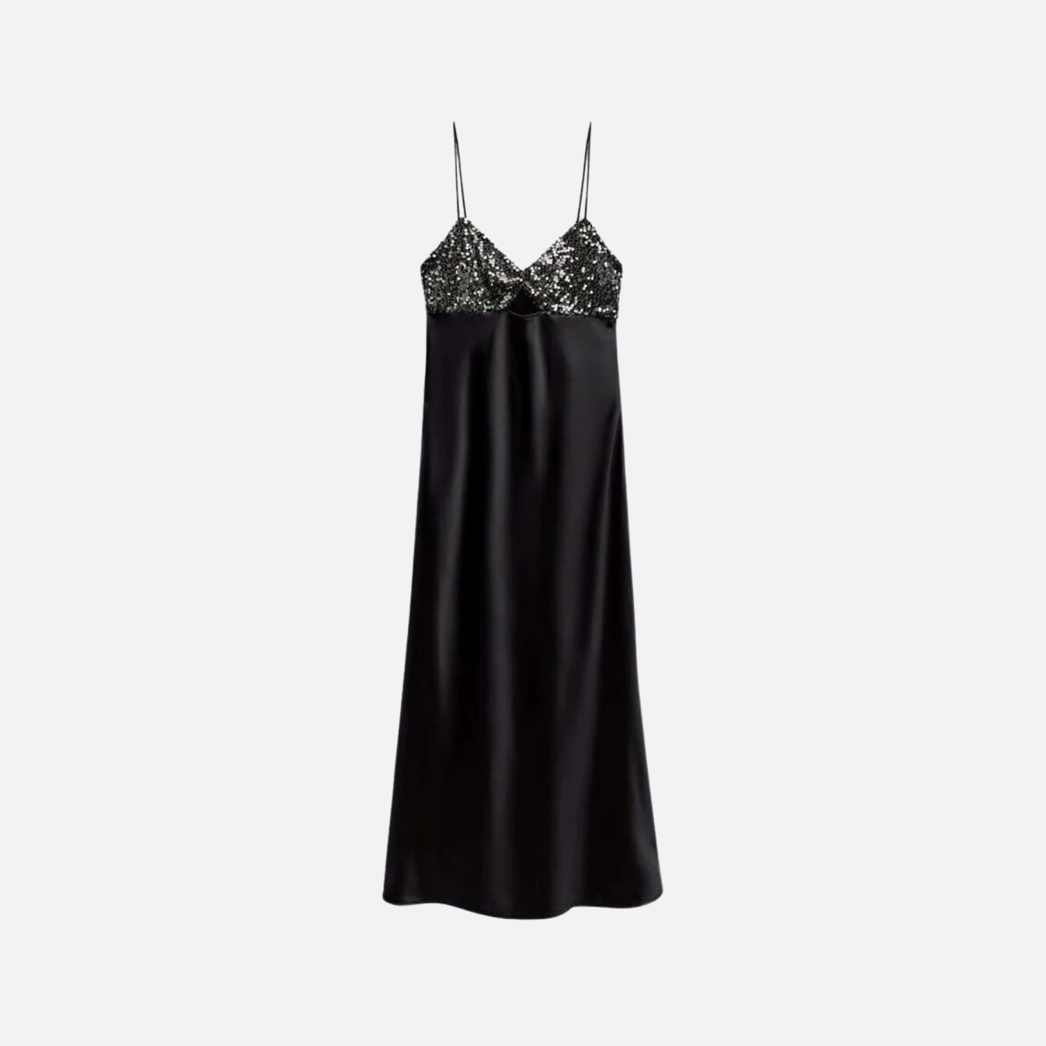 Satin-Kleid mit dünnen Trägern und glitzernden Pailletten