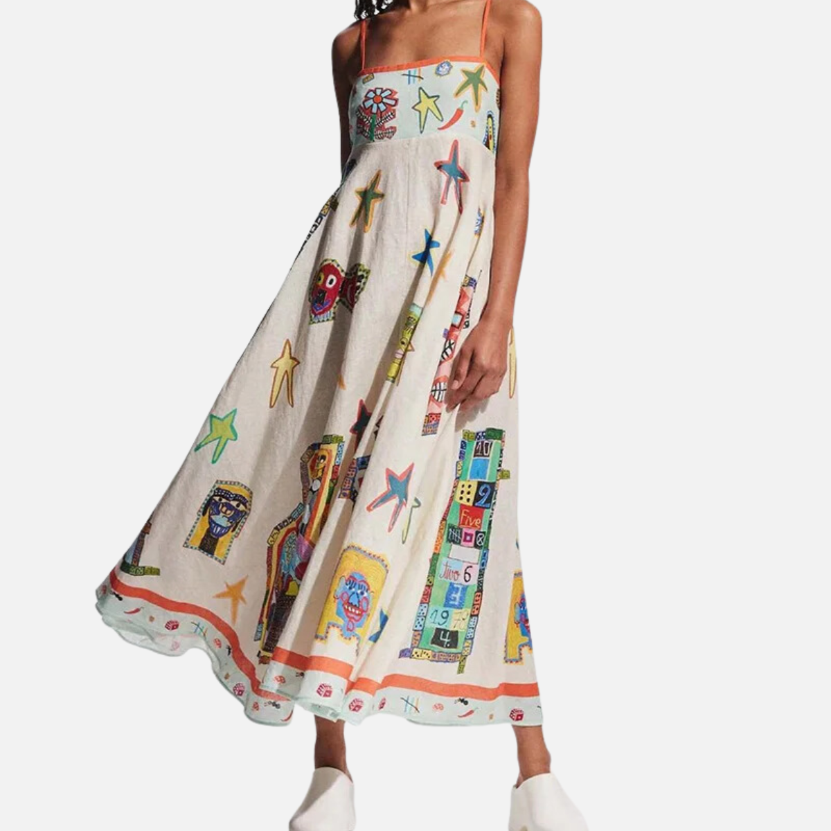 Midi-Kleid aus Leinen mit dünnen Trägern und Print